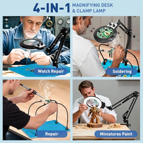 Helping Hands Soldering Station, 10X 30X Magnifying Glass with Light - color: Blue, size: 10.65×15.4-Inch(30X&10X)