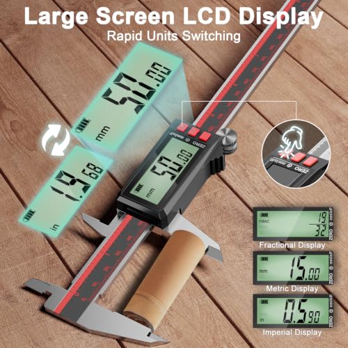 Digital Caliper 12 Inch, Rechargeable Calipers with LCD Screen, Inch/MM/Fraction, Stainless Steel Vernier Caliper Measuring Tool for DIY, Household, Jewelers Tools, 3D Printer - size: 12 Inch
