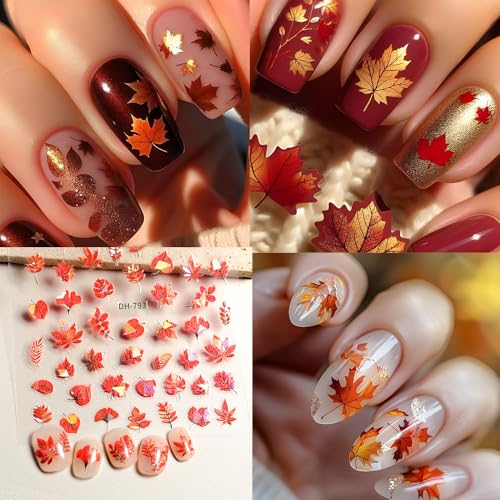 2 Sheets Fall Maple Nail Stickers for Nail Art, Self-Adhesive Nail Decals - color: Fall Maple