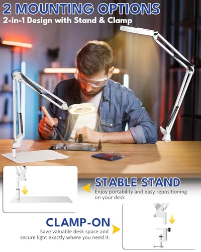 15X Magnifying Glass with Light and Stand, 84 LED Magnifying Desk Lamp with Clamp and Base, 10 Dimmable Brightness 5 Color Modes, Hands Free Lighted Magnifying Glass for Close Work, White