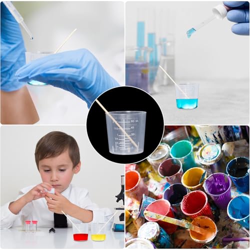 Klmnop 105 Pack Plastic Mixing Cups, 60ml/2oz Disposable Scale Cups with 100 Wooden Mixing Sticks for Mixing Paint, Stain, Epoxy and Resin(Clear)