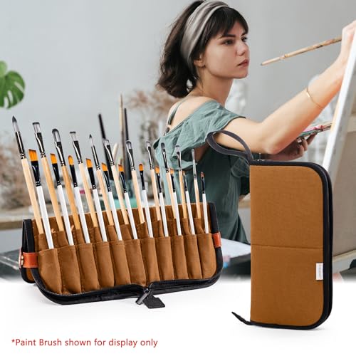 Stand Up Paint Brush Holder Case, 22-Slot Paintbrush Storage Bag Pop-Up - color: Caramel Brown, size: Medium 6*11"