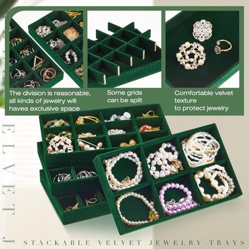 Junkin 12 Pcs Velvet Jewelry Organizer Tray, Stackable Storage - color: Green