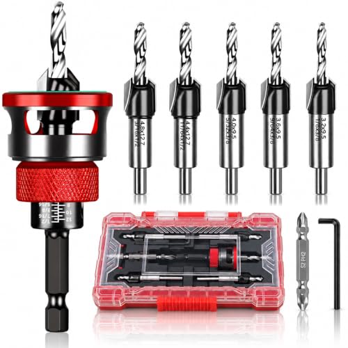 9PCS Countersink Drill Bit Set with Adjustable Depth Stopper - color: Red, size: Standard - Manual Adjustment