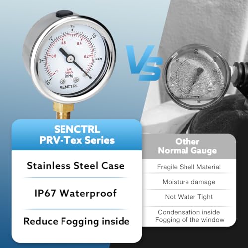 SENCTRL 30inHg Vacuum Pressure Gauge, 1/8" NPT Lower Mount - size: -14.7-0 Psi, style: Lower Mount (1/8" NPT)