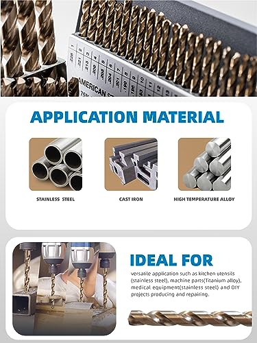 HIGHFIRE 115 PCS All M35 HSS Cobalt Drill Bit Set, Twist Jobber Drill Bits Set, 135-Degree Split Point, Fractional 1/16"-1/2", Letter A - Z, Wire #1 - #60 with Metal Indexed Storage Case - size: 1/16-1/2 in A-Z #1-#60 (115 pcs)