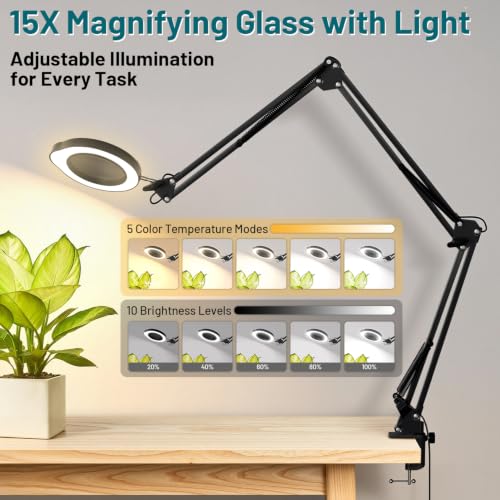 15X LED Magnifying Glass with Light and Clamp, 3-Section Arm