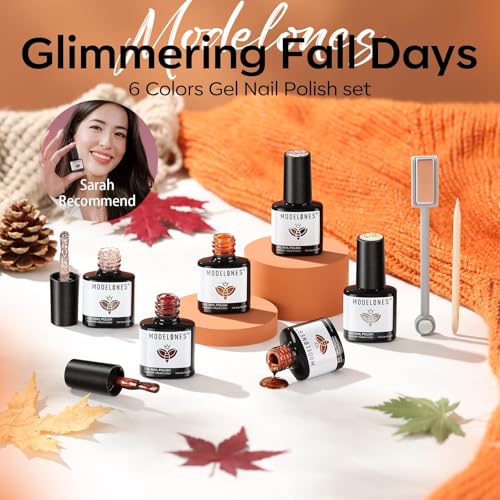 modelones Fall Cat Eye Gel Nail Polish Set, Nude Brown Yellow Burnt Orange - color: A A A0 Glimmering Fall Days
