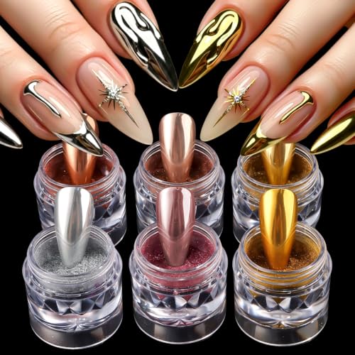 6 Jars Magic Mirror Chrome Nail Powder Silver Gold Chrome Powder for Nails