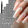 5 Sheets Emboss White Pearl Nail Stickers with Tweezers French Tip Lace Design Decals Romantic Self-Adhesive Slider Manicure Decoration Nail Art Supplies for Women