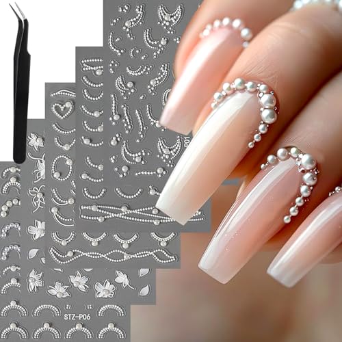 5 Sheets Emboss White Pearl Nail Stickers with Tweezers French Tip Lace Design Decals Romantic Self-Adhesive Slider Manicure Decoration Nail Art Supplies for Women