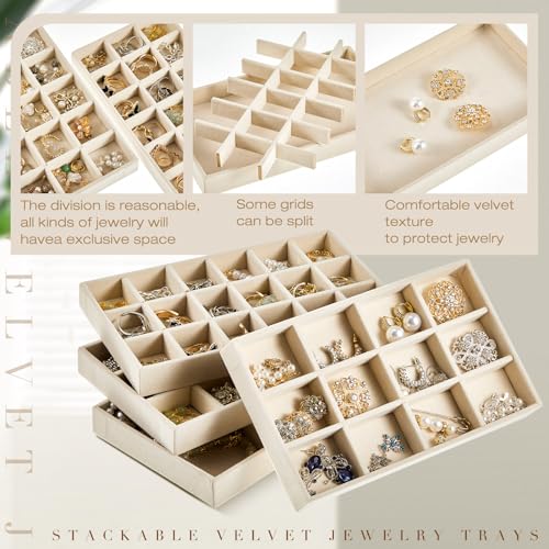 Junkin 12 Pcs Velvet Jewelry Organizer Tray, Stackable Storage - color: Beige
