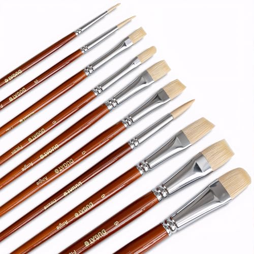DUGATO Short Handle Artist Paint Brush Set, 10-Piece Hog Hair Bristle - color: Brown