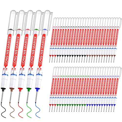 Ireer 60 Pcs Multi Purpose Deep Hole Marker Pens Long Nosed Marker Deep Drill Hole Long Nib Scriber Waterproof Mechanical Carpentry Colorful Marker Pen for Woodworking Hardware Decoration Construction