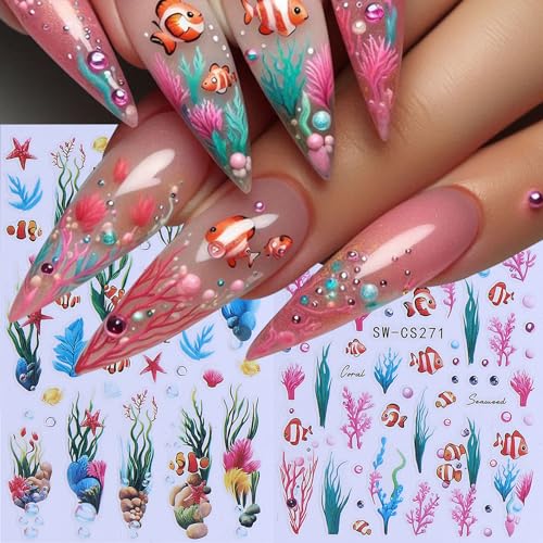 3D Flower Nail Stickers Decals 12 Sheets Spring Summer Floral Butterfly Ocean Nail Art Decals Self-Adhesive Tropical Hibiscus Fish Sea Star DIY Nails Decoration Manicure Accessories for Women - style: Tropical Flower