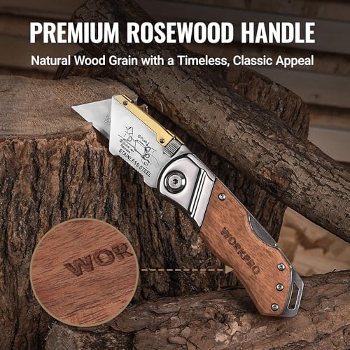 WORKPRO Folding Utility Knife with Belt Clip and Extra 10-piece Blades, Wood Handle Heavy Duty Cutter, Quick-change & Back Lock (Pack of 2) - size: Rosewood Handle (Pack of 2)