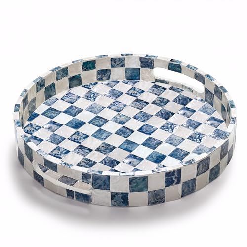 CHI AN HOME 12.6" Capiz Shell Round Decorative Tray with Handles, Navy Blue - color: Navy Blue
