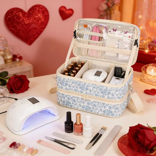 Nail Polish Organizer Bag Holds 50+ Bottles (15ml/0.5 fl.oz) &UV Nail Lamp - color: 01-Blue Flower, size: 50 Bottles