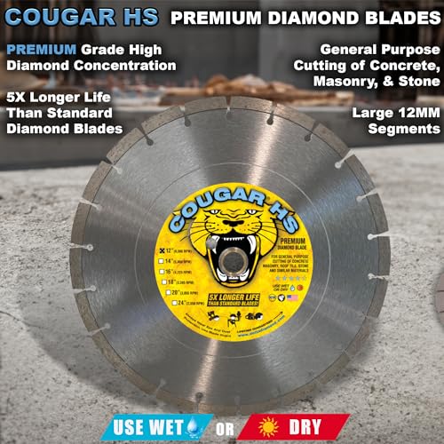 Cougar HS 12 Inch Diamond Concrete Saw Blade, Premium General Purpose Segmented Blade, Dry/Wet Cutting Concrete, Masonry, Brick, & Block 1"-20mm Arbor (3pcs) - size: 12 Inch 3 Pack