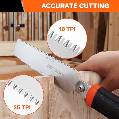 JORGENSEN Japanese Flush Cut Saw, 5 Inch Pro Double Edge Pull Saw, SK5 Flexible Blade Wood Handsaw, 18/25 TPI Blade with Soft Grip Handle for Hardwood & Softwood Woodworking, Wood Trim