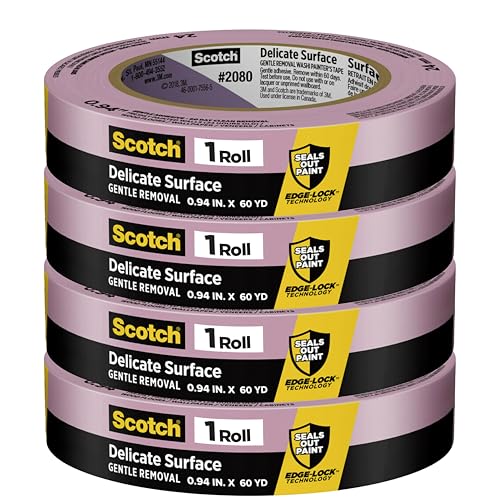3M Scotch-Blue 2080 Safe-Release Delicate Surfaces Painters Masking Tape , 19 lbs/in Tensile Strength, 60 yds Length x 1" Width, (Pack of 4)