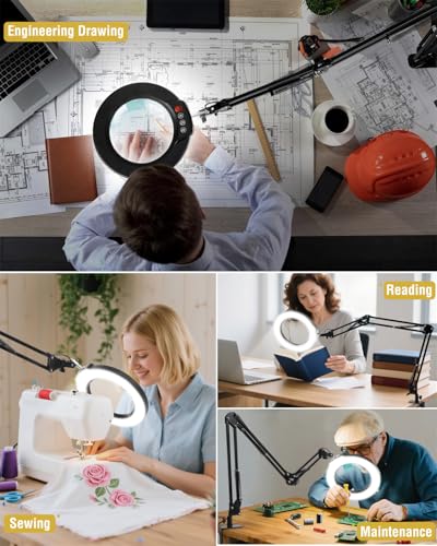 12X Magnifying Glass with Light and Clamp, Extra Long 3 Section Swing Arm - color: Black, size: 12X 36inch Clamp