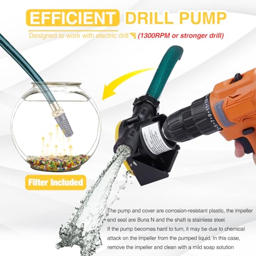 TOPWAY Self Priming Water Drill Pump Attachment with Suction and Discharge Hose, Mini Hand Power Drill Pump for Water, Oil Transfer, etc - style: Yellow with Filter
