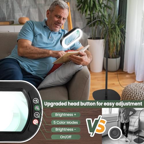 12X Magnifying Glass with Light and Stand, Rectangular Real Glass Lens, 5 Color Modes, Stepless Dimmable, 24" Flexible Gooseneck 3-in-1 Floor Lamp, Lighted Magnifier Hands Free for Craft Hobby Reading