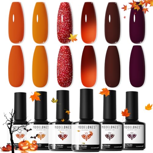 modelones Fall Gel Nail Polish Set 6 Colors, Brown Maple Orange Burgundy - color: A A A0 Feast of Fall