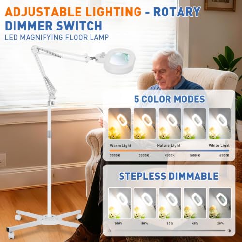 Floor Magnifying Glass with Light, 4 Wheel Stable Stand Base 12X - color: White