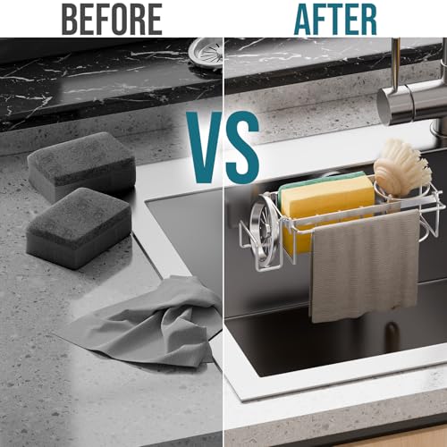 TAILI 4-in-1 Sponge Holder for Kitchen Sink with Strong Suction Cup-Silver - color: Silver, size: 7.28" x 2.36"