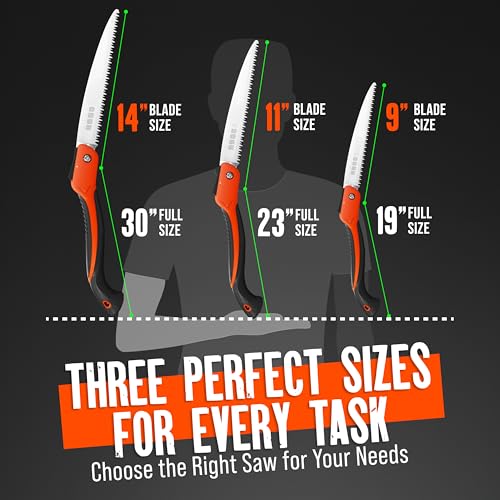 Folding Camping saw 9 Inch - Heavy Duty Pruning Saw with Triple-Cut SK5 Blade, 7 TPI Razor Teeth for Tree Trimming, Wood Cutting, Camping, Bushcraft, and Gardening - size: 9 INCH (Orange)