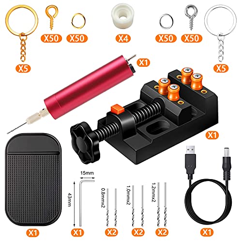 Electric Resin Drill Set,Pin Vise for Molds Jewelry Casting, YASPIT Anti-Skid Drill Press Vise, 210 PCS Keychain making Supplies, Precision Hand Drill Kit for DIY Keychains Jewelry Making