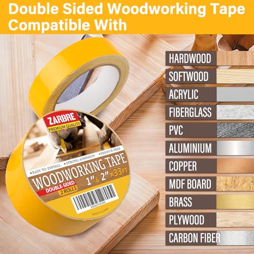 Double Sided Woodworking Tape, 1 & 2 Inch x 33 FT, 2 Rolls Residue-Free, Removable Strong Double Sided Tape for Woodworking, Double Sided Masking Tape for Wood Template, Edge Banding, Anchoring