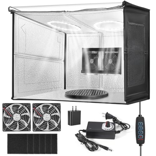 Airbrush Spray Booth Portabe - with LED Lights Turntable & Dual Exhaust Fans – Foldable Airbrush Paint Booth for Makeup, Art Painting, Model 16.8 in Black - size: 16.8in