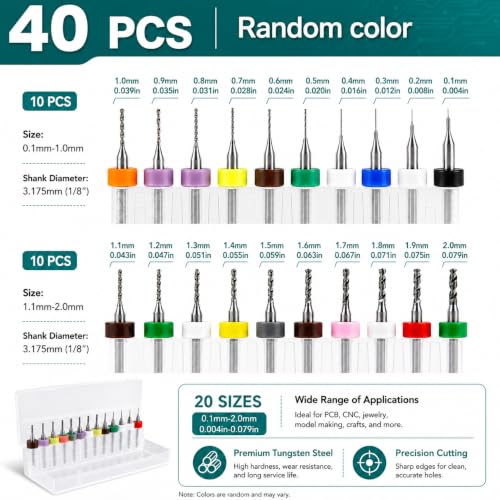 40Pcs Micro Small Drill Bit Set, PCB Mini Tungsten Carbide Carburetor Jet Drill Bits Pin Vise Hand Drill for Jewelry Making Resin Crafts, 0.1mm-2mm - size: 0.1-2mm