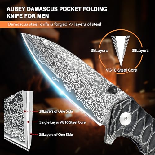 AUBEY Damascus Pocket Knife for Men, Forged 2.95" Damascus Steel Blade DMHY