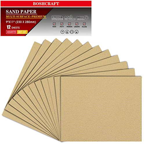 BOSHCRAFT 220 Grit Sand Paper 9" x 11", 12 Sheets – Premium Aluminum Oxide Sandpaper for Wood Metal Furniture, Cut-to-Size Sheets for Hand Sander & Sanding Block - size: 12 Pcs