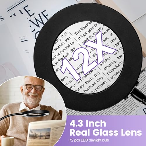 4-in-1 Magnifying Glass with Light and Stand, 3-Color Stepless Dimmable LED Magnifying Floor Lamp, 24" Gooseneck Swing Arm Lighted Magnifier with Clamp for Reading Craft (12X Black) - color: Black