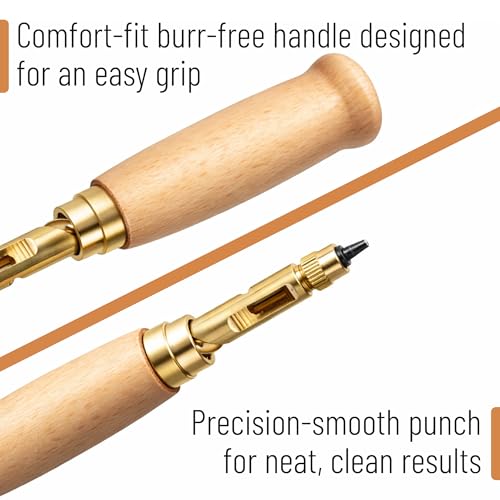 UNCO- Adjustable Leather Hole Punching Tool, 6 Sizes (1.5-4mm), Japanese Style Automatic Puncher with Wooden Handle, Hollow Hole Punch for Leather Belt, Bag, Wristband, Watch Strap, Shoe, Craft & DIY