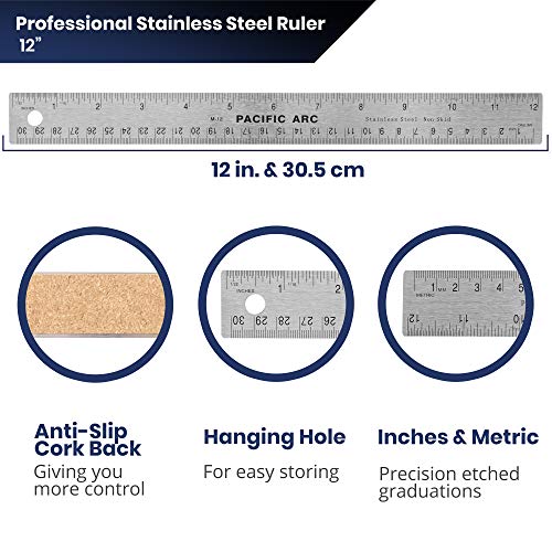 Pacific Arc Stainless Steel 12 Inch Metal Ruler Non-Slip Cork Back, with Inch and Metric Graduations - style: 12"