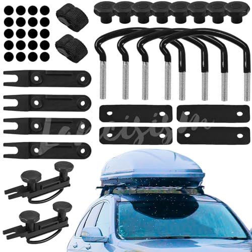 4 Pcs Roof Box U-Bolt Clamps, Upgraded Rooftop Cargo Carrier Rack Bolts, Car Van Mounting Fitting Kit 85mm Inner Width Metal U-Bracket Clips w/ 8 Lock Nuts 2 Straps