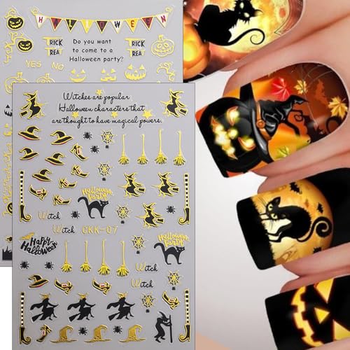 12 Sheets Halloween Nail Stickers for Nail Art,3D Self-Adhesive Nail Decals - color: Halloween Golc