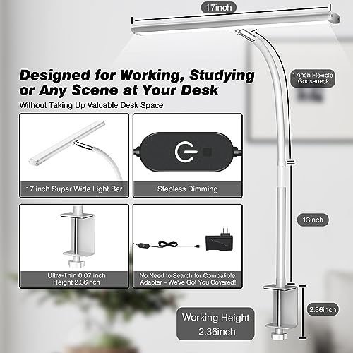 Airlonv LED Desk Lamp with Clamp, 17" Stepless Dimming Light, White - color: White, size: Standard