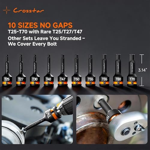 Crosstar 3pcs T70 Impact Torx Bit Socket Set, 1/2" Drive Cr-Mo Steel, Long High Impact Star Sockets for Automotive & Heavy-Duty Use, Professional Mechanic Tools with Transparent Case - size: T70 (Long)