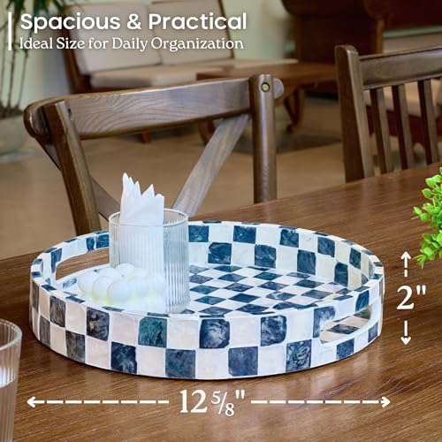 CHI AN HOME 12.6" Capiz Shell Round Decorative Tray with Handles, Navy Blue - color: Navy Blue