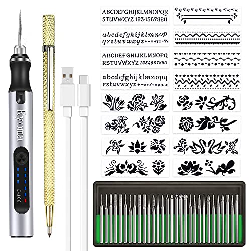 Rechargeable cordless Electric Micro Engraver Pen Mini DIY Engraving Tool Kit for Metal Glass Ceramic Plastic Wood Jewelry with 30 Bits and 16 Stencils and 1 Scriber Pen - color: Silver