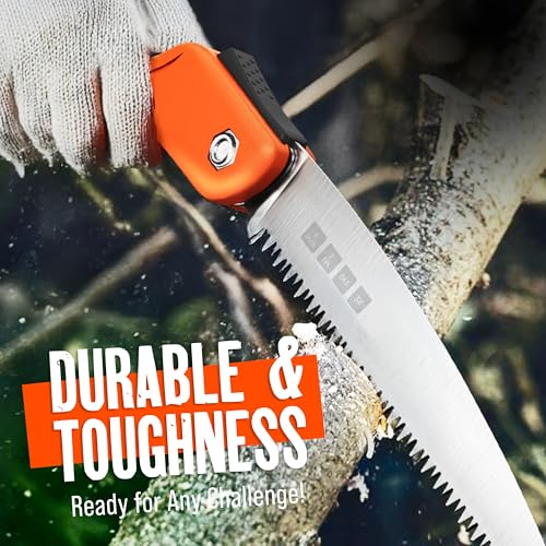 Folding Camping saw 9 Inch - Heavy Duty Pruning Saw with Triple-Cut SK5 Blade, 7 TPI Razor Teeth for Tree Trimming, Wood Cutting, Camping, Bushcraft, and Gardening - size: 9 INCH (Orange)