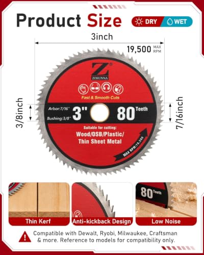 ZORUNNA 6Pcs 3" Circular Saw Blades, Wood Cutting Blades with 7/16" Arbor - size: 80T