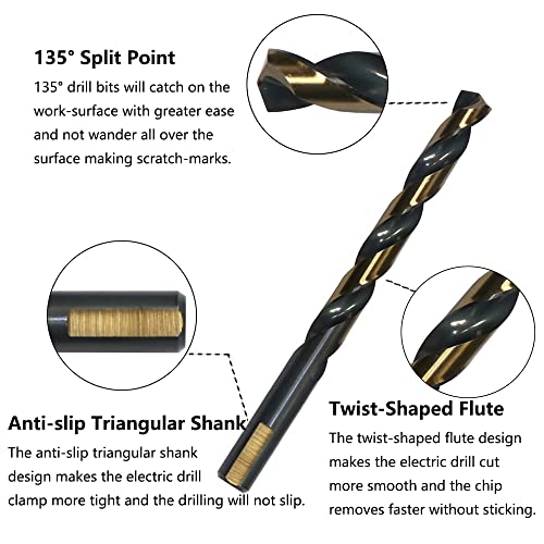6PCS 13/32" HSS Black Gold Twist Drill Bits Set, 135 Degree Split Point, Jobber Metal Drill Bit, General Purpose for Use in Mild Steel, Copper, Aluminum, Zinc Alloy, Wood, and Plastic - size: 13/32"(6PCS)